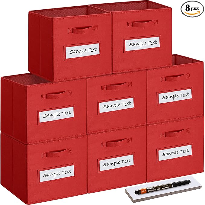 artsdi 13x13x13 storage cube bins(Set of 8) Fabric storage cubes with 8 Labels Window Cards & a Pen, storage cubes 13x13, Collapsible 13 inch cube storage bins, Cubby Organizer Boxes, Red