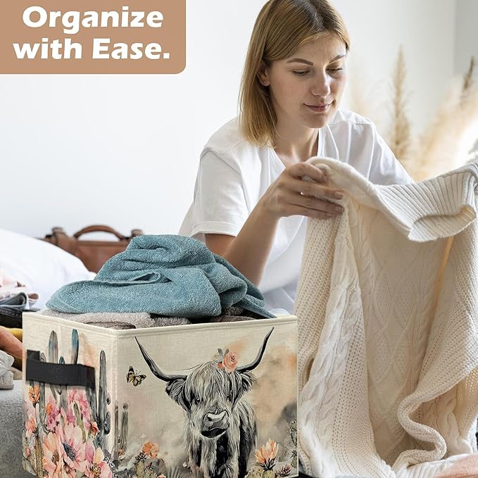Western Highland Cow Storage Bins, Boho Western Floral Cactus Highland Cow Collapsible Storage Box Laundry Basket with Handle for Home Bedroom Bathroom Office Clothes Toys Books