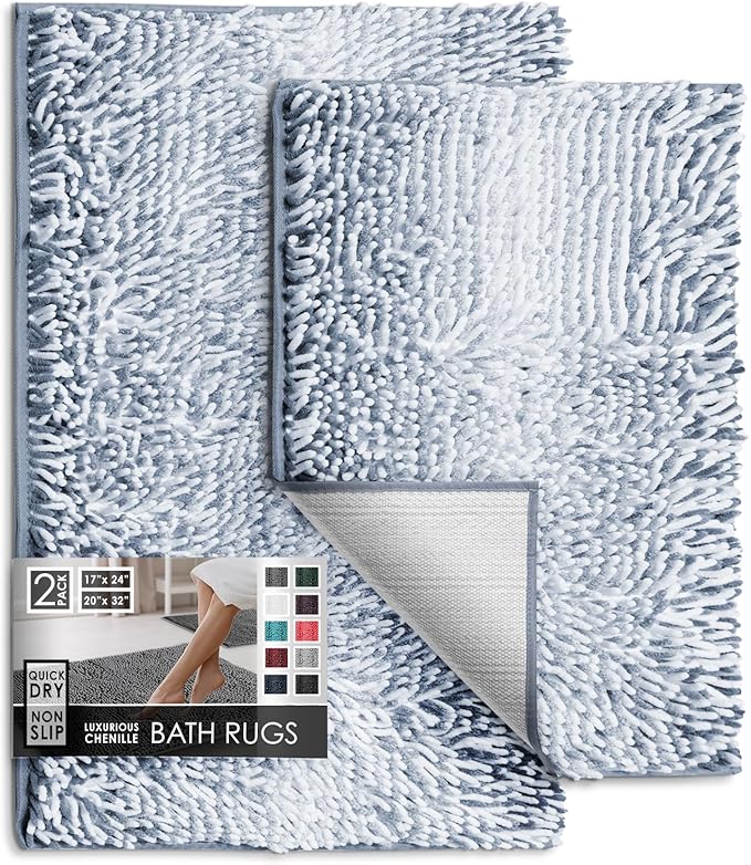 Hearth & Harbor Bathroom Rugs, Chenille Bath Mat - Machine Washable Bath Mats for Bathroom Non-Slip Backing Rubber, Quick Dry Bathroom Mat, 17 x 24 + 20 x 32 - Ombre Blue
