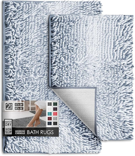 Hearth & Harbor Bathroom Rugs, Chenille Bath Mat - Machine Washable Bath Mats for Bathroom Non-Slip Backing Rubber, Quick Dry Bathroom Mat, 17 x 24 + 20 x 32 - Ombre Blue