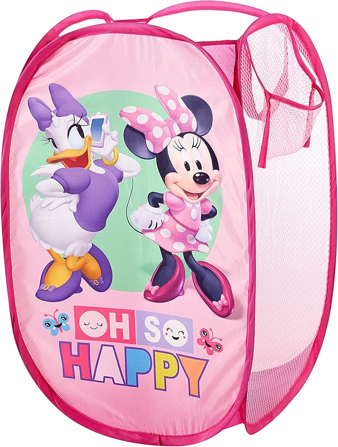 Disney Minnie Mouse Pop-Up Hamper,“Oh So Happy” Design, 21”H x 13.5”W x 13.5”L, Durable & Collapsible Laundry Basket with Carry Handles for Kids Room