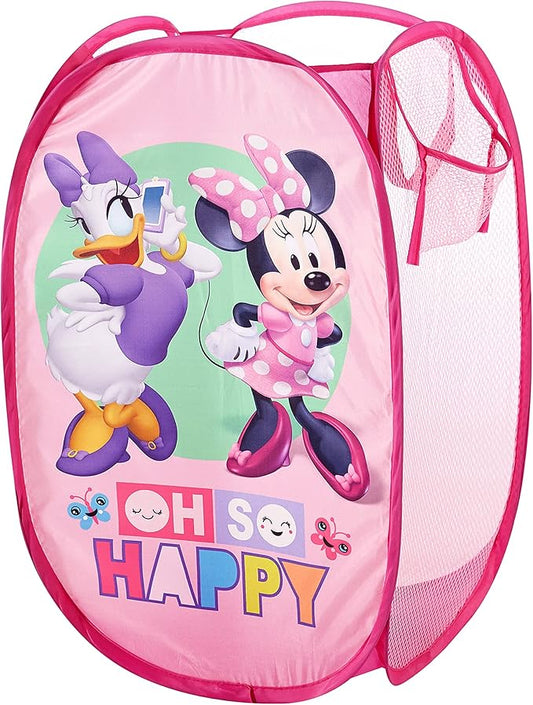Disney Minnie Mouse Pop-Up Hamper,“Oh So Happy” Design, 21”H x 13.5”W x 13.5”L, Durable & Collapsible Laundry Basket with Carry Handles for Kids Room