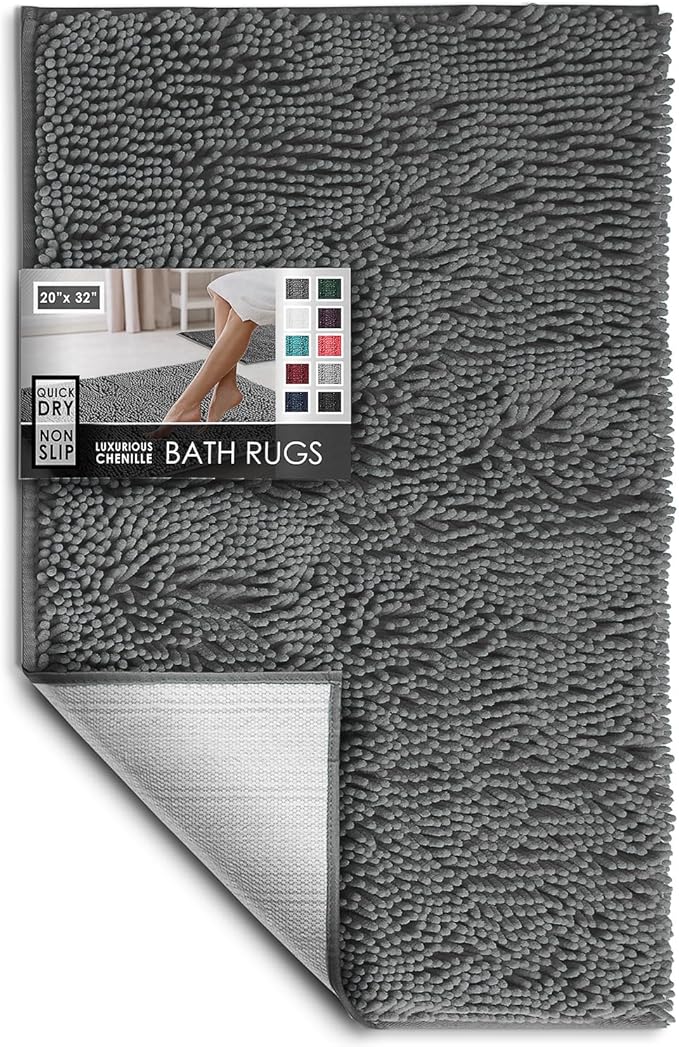 Hearth & Harbor Bathroom Rugs, Chenille Bath Mat - Machine Washable Bath Mats for Bathroom Non-Slip Backing Rubber, Quick Dry Bathroom Mat