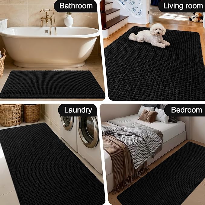 Accumtek Extra Large Waffle Bath Mat, 6'x2' Black, Super Absorbent Non-Slip Quick Dry Bathroom Rugs with Tassels, Machine Washable Ultra Soft Boho Bath Rugs for Floor, Toilet Mats Boho Farmhouse Decor