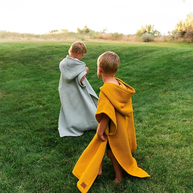 Jade&Kai Hooded Towel for Kids | Snaps into a Poncho | Organic Cotton Waffle | Lightweight and Absorbent | Bath, Beach, and Pool | Multiple Colors | (Large (6-10 Yrs), June Breeze)