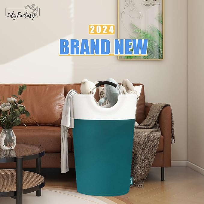 125L Laundry Basket, Collapsible Laundry Hamper with Padded Handles, Waterproof Laundry Bag, Tall Clothes Hamper Stand Up Well, Foldable Laundry Baskets for Easy Storage(Light Blue)