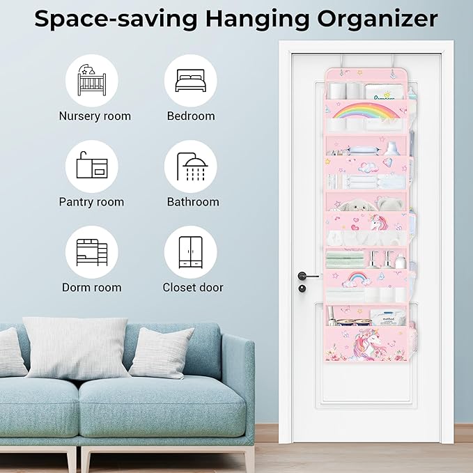 Clastyle Rainbow Unicorn Girl Over The Door Organizer Storage Pink Heart Star 5 Shelves Closet Nursery Hanging Shelves Clothes Diaper Stuffed Animal Toy Storage for Newborn Baby Essential