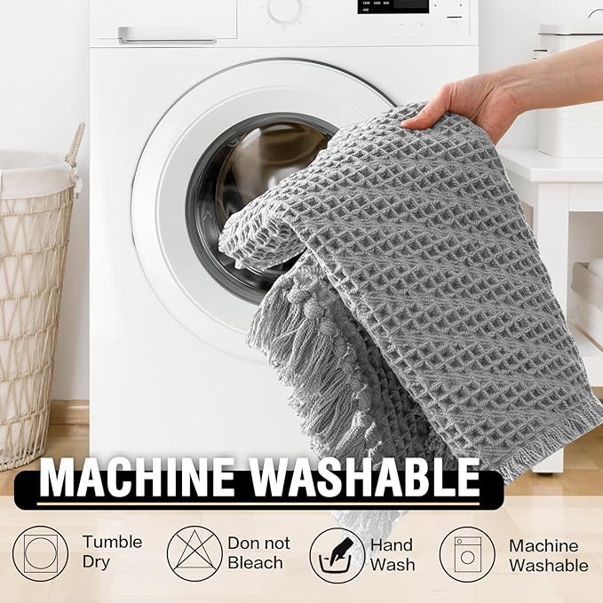 H.VERSAILTEX Waffle Bath Mat Super Absorbent Boho Bath Mat Non Slip Bath Rugs for Bathroom Floor Machine Washable Dry Fast Bathroom Rugs with Tassels (47 x 17 Plus 17 x 24 Inches, Dove)