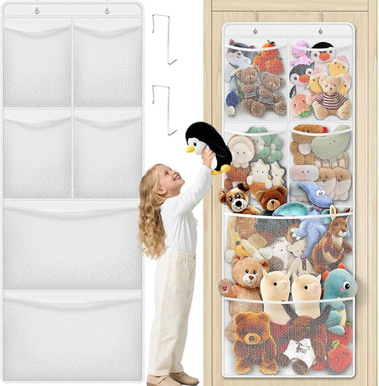 Stuffed Animal Storage - Large Over the Door Organizer with 6 Expandable Mesh Pockets & Metal Hooks, Non-Woven Fabric Hanging Plush Items Holder for Nursery, Bedroom, Playroom (White)