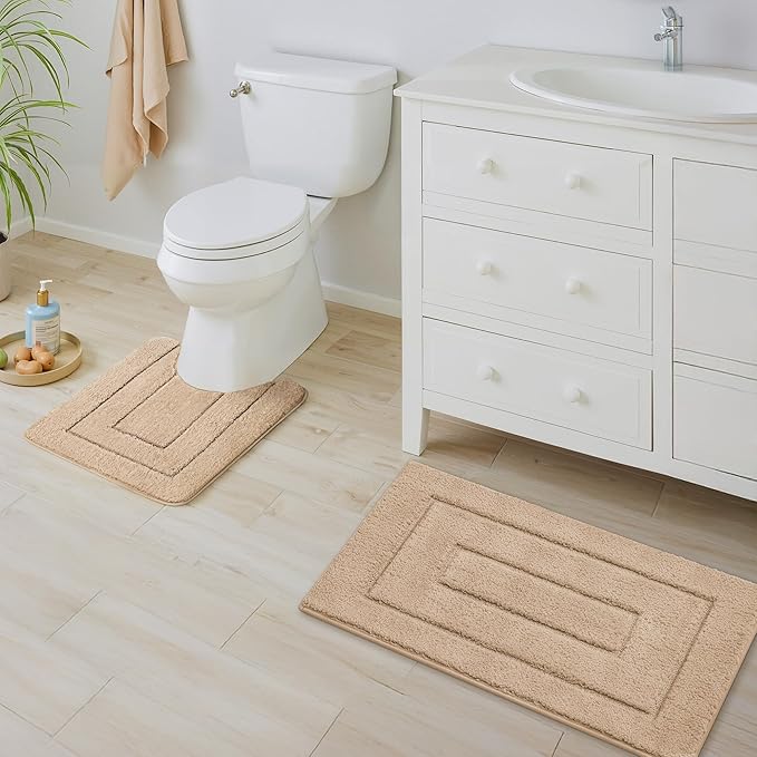 GRANNY SAYS Bathroom Rugs Sets 2 Piece, Soft Absorbent Microfiber Bath Mats for Bathroom Non Slip Washable, U-Shaped Toilet Bath Rugs for Tub Shower (Beige, 20" x 32" + U Shaped 20" x 24")