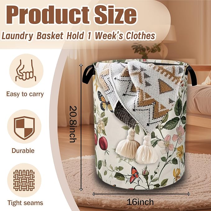 Vintage Flower Butterfly Laundry Baskets,Botanical Floral Laundry Hamper,Storage Basket with Handles for Bathroom Bedroom College Dormitory Living Room Nursery Organizer 16"x20.8"