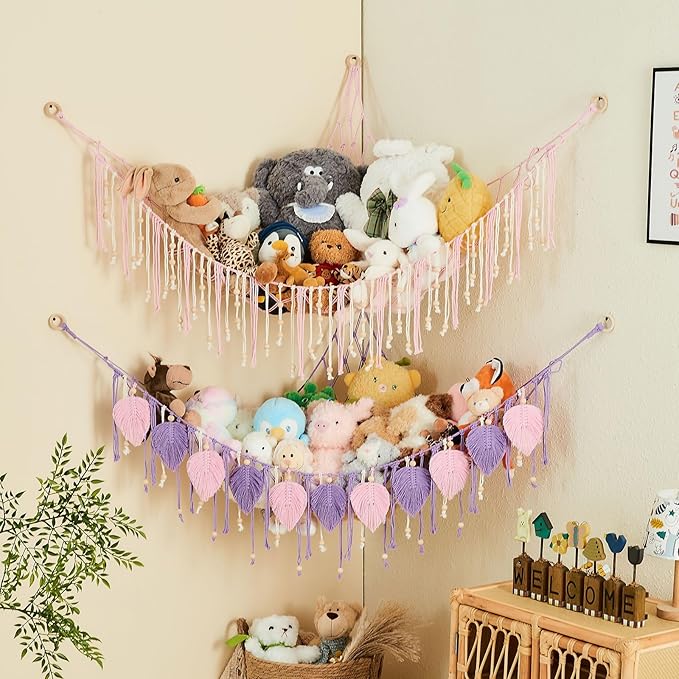 Pretty Jolly Macrame Stuffed Animal Hammock with Beads Hand Woven Leaf Tassels Corner Hanging Net Boho Plush Holder for Toys Kid Room Nursery Decor Easy Install Organizer for Girls Gift(Purple)