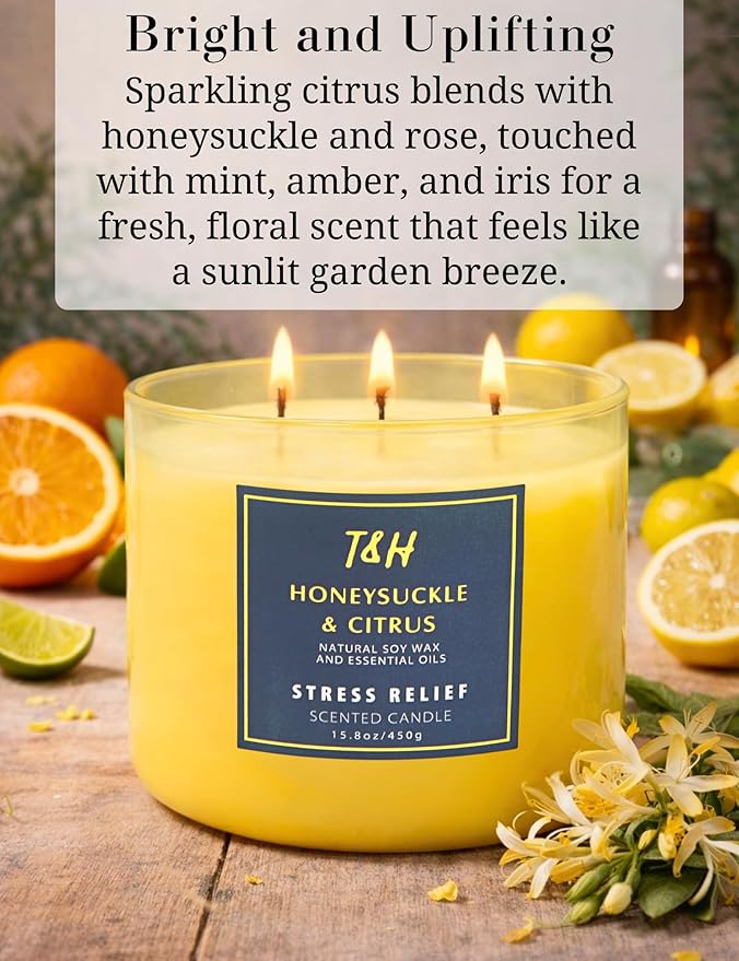 Honeysuckle Citrus 3 Wick Candle for Home Scented | 15.8 oz Large Soy Candle | Lemon Citrus Floral Scented Candle Strong | Aromatherapy Stress Relief Relaxation Candles | Gift for Women & Men