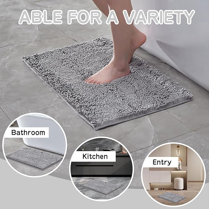 Grey Chenille Bathroom Rug 17"x24" Inch - Non Slip Absorbent Bath Mat for Shower, Quick Dry Machine Washable Floor Mats, Soft Plush