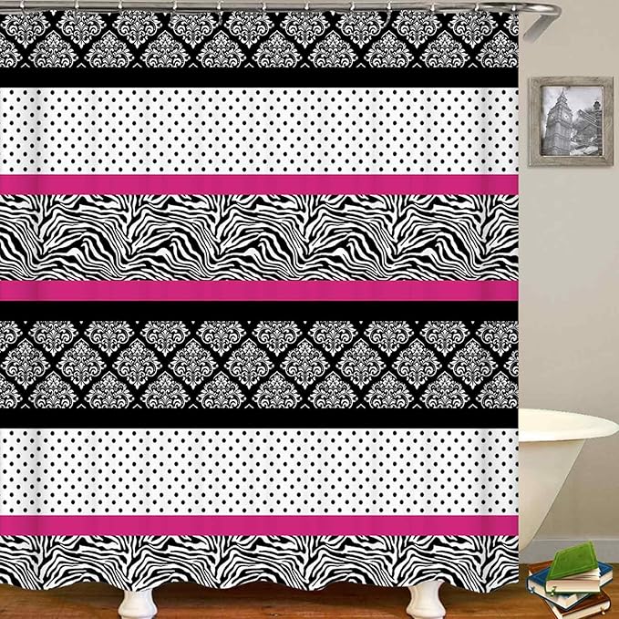 4PCS Patchwork Shower Curtain Sets with Rugs, Waterproof Fabric Black and White Shower Curtain, Abstract Zebra Striped Hot Pink Safari Wildlife Wild Animal Skin Polka Dot Modern Bathroom Decor