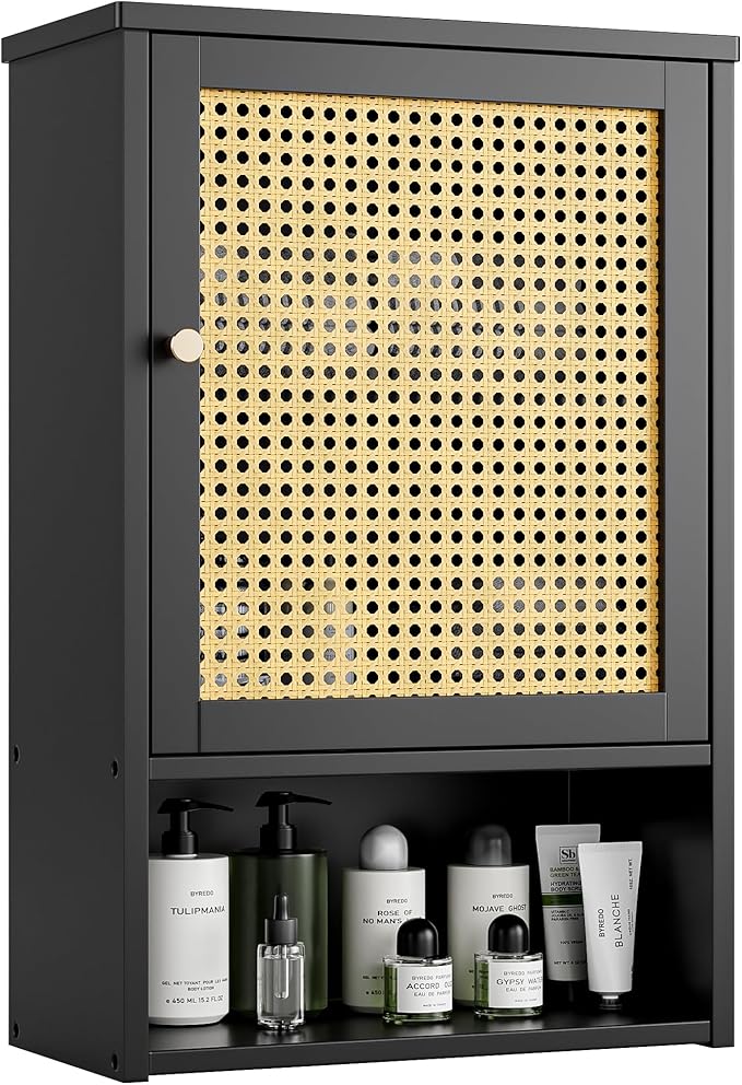 Bathroom Wall Cabinet, Bamboo Over-The-Toilet Storage Organizer with Rattan Doors and Adjustable Shelf, Space Saver Medicine Cabinet for Laundry, Kitchen, Living Room (Black)