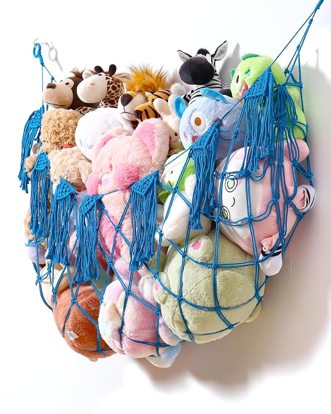 Stuffed Animal Storage Hammock Net with Lights - Small Toy Hammock Net for Stuffed Animals Room Decor,Cute Stuff Animal Organizer Holder for Teddy Bear,Nursery Kids Baby Wall Hanging Bedroom Playroom