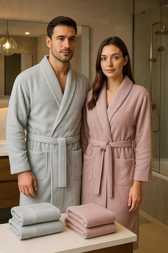 12 Piece Family Towel and Robe Set Cotton Bathrobe Towel Set Dowry Set Includes Bath Towels Hand Towels and Washcloths Gray and Powder Pink - Gray-Powder Pink, Standard