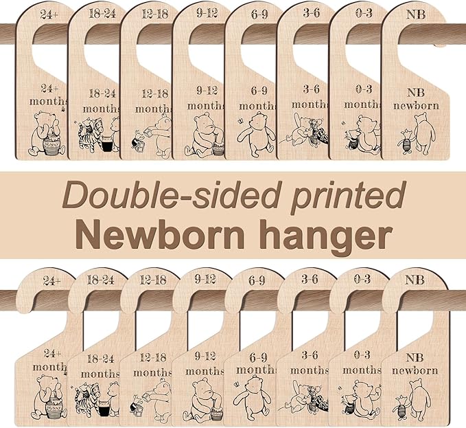 8Pcs Winnie Baby Closet Dividers for Newborn, Classic Winnie Baby Nursery Decor Wooden Hanger, the Pooh Clothes Dividers for Closet, Double-Sided Party Decor