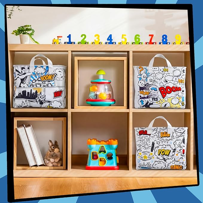 Maxdot 3 Pack Hero Comic Book Storage Themed Basket Large Gifts for Laundry Hamper Basket for Kids Room Nursery Collapsible Toy Clothes Storage Collection Bin(Hero,Rectangle)