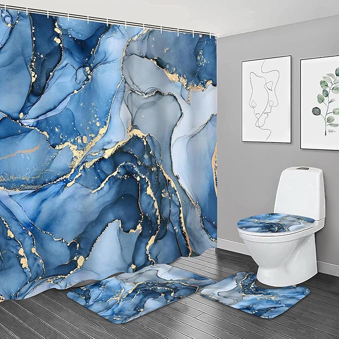 4 Pcs Blue Marble Shower Curtain Sets with Rugs Gold Bathroom Sets with Shower Curtain and Rugs Modern Abstract Bathroom Decor Accessories Shower Curtains for Bathroom Toilet Lid Cover