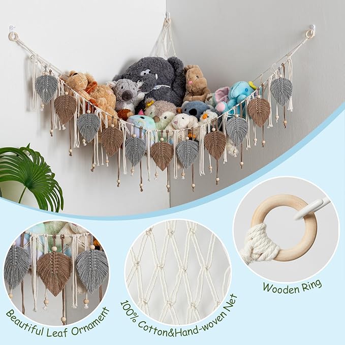 Pretty Jolly Macrame Stuffed Animal Hammock with Beads Hand Woven Leaf Tassels Corner Hanging Net Boho Plush Holder for Tosy Kid Room Nursery Decor Organizer for Girls Gift(Sage Green&Avocado Green)