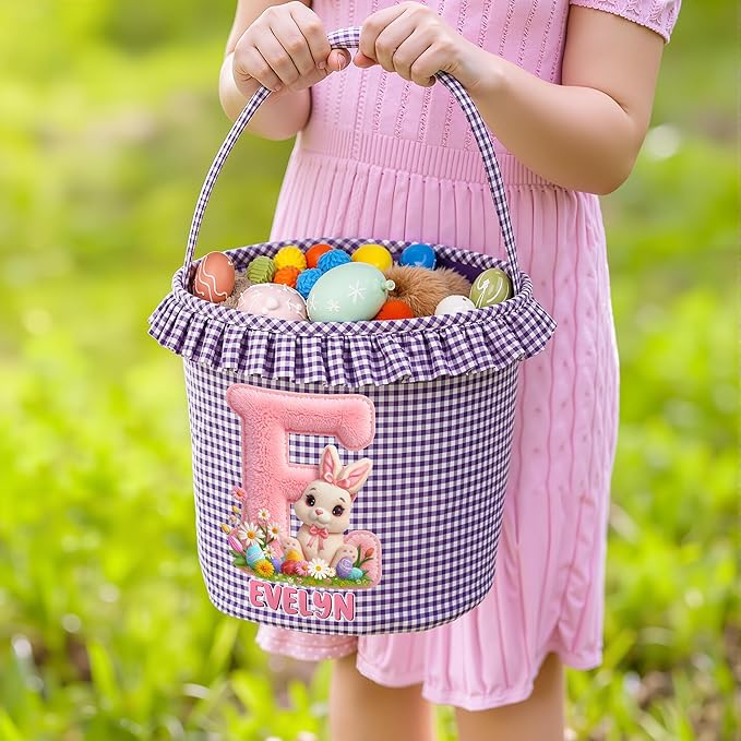 CALLIE Personalized Easter Basket for Kids | 8.8" Custom Easter Basket with Name Rabbits Plaid Design | First Easter Spring Basket Gift