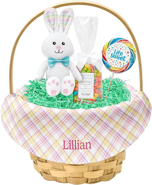 Let's Make Memories Personalized Easter Basket for Kids- For Boys - For Girls - Create Your Own - Fillable - Wicker - Easter Basket Stuffers - Large - Pink Fun Plaid