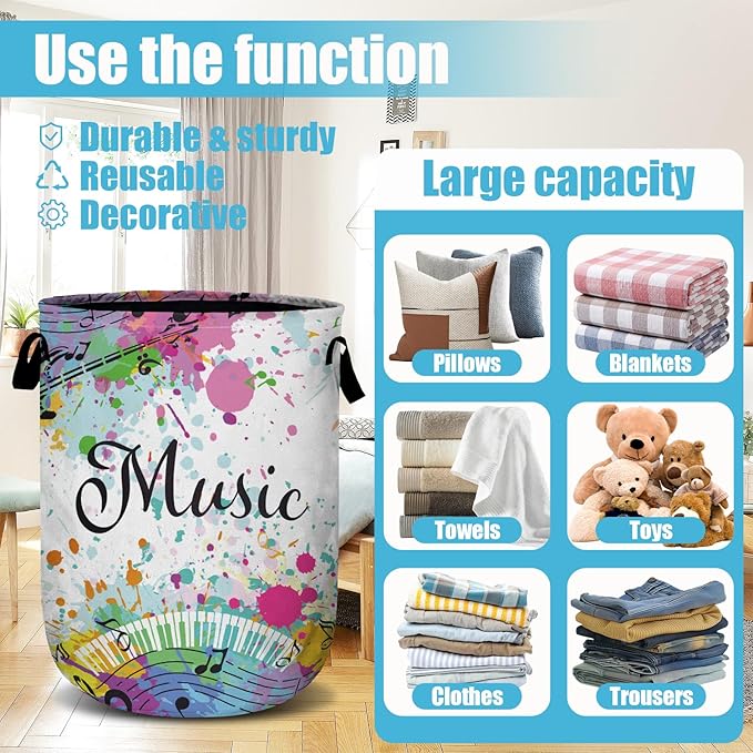 Music Guitar Laundry Basket, Laundry Hamper Collapsible Oxford Cloth with Handle Clothes Toy Storage Bin for Bathroom Laundry Room Bedroom 15.7 X 20 Inch