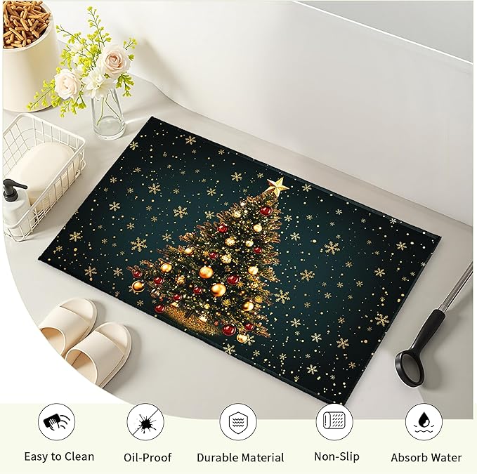 Green Christmas Bath Rug Xmas Tree Gold Snowflakes Bathroom Mat Winter Holiday Rug Extra Soft Plush Rug 20X32 Inch Non Slip Absorbent Doormat for Bathroom Entryway