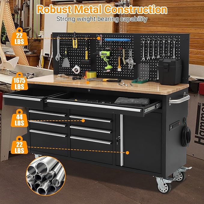61" Rolling Tool Chest with 10 Drawers, Workbench Cabinet with Power Strip, Solid Rubber Wood Top, 1675 LBS Load, Mobile Heavy Duty Garage Storage, Locking Wheels