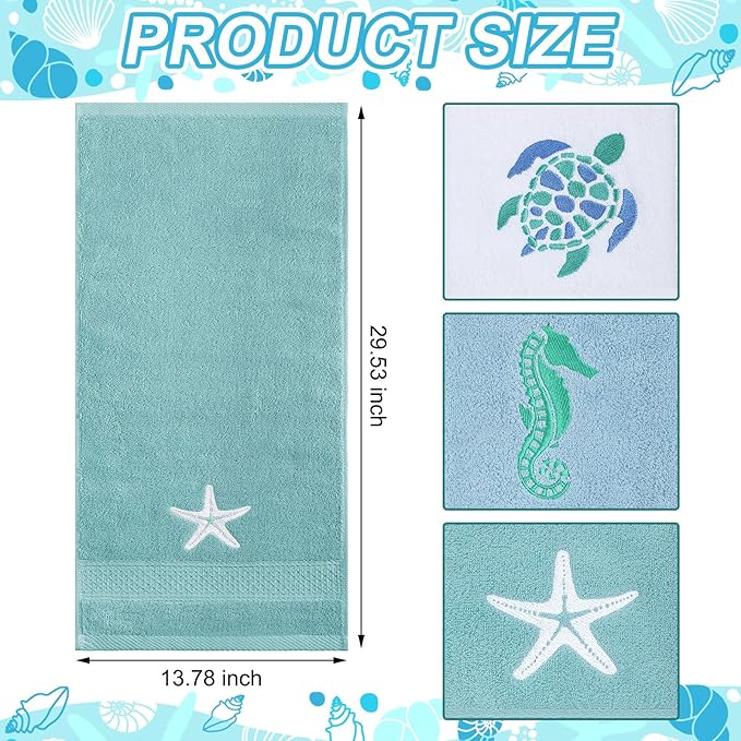 3 Pcs Ocean Beach Coastal Hand Towels for Bathroom Embroidered Bathroom Summer Towels Farmhouse Decorative 13. 78 x 29. 53 Inch Absorbent Soft Cotton for Kitchen Dish Fast Drying Decor
