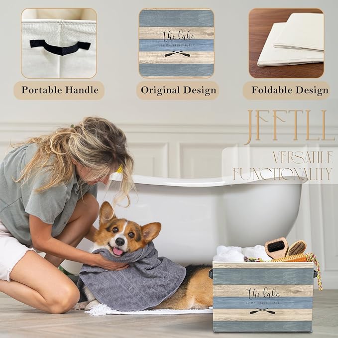 Lake House Storage Bins with Handles, Gifts for Lakes Lovers, the Lake Is My Happy Place Collapsible Laundry Basket Storage Box for Home Bedroom Bathroom Clothes Toys Books
