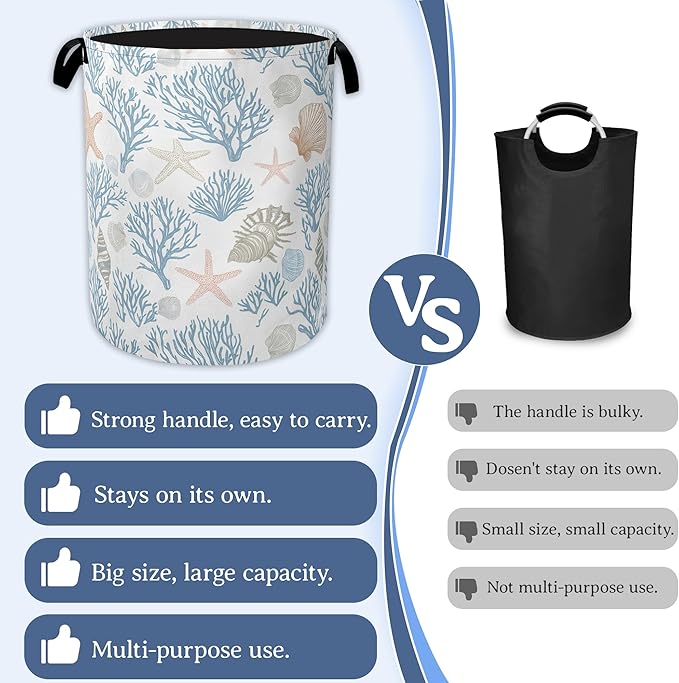 Starfish Coral Shells Laundry Hamper With Handle,Foldable Oxford Cloth Ocean Laundry Basket,20.8"x16" Clothes Storage Basket for Laundry Room/Bedroom/Bathroom