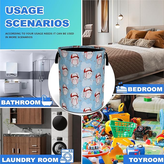 Cute Baseball Laundry Basket Oxford Cloth Funny Ball Cartoon Laundry Hamper With Handle Foldable Portable Clothes Storage Basket 18.9 X 16.5 In Storage Bag For Laundry Room/Bathroom/Bedroom