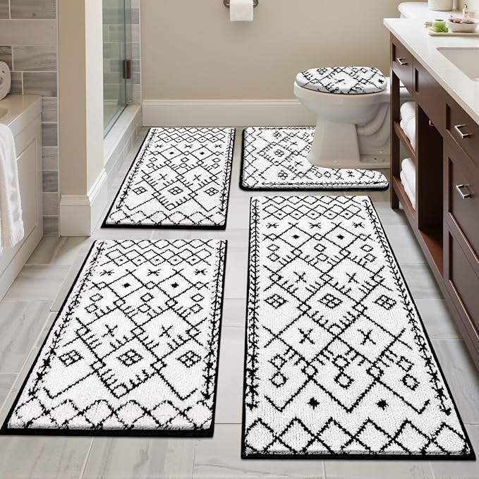 HEBE Bathroom Rug Sets 5 Piece, Soft Absorbent Bath Mats for Bathroom, Non Slip Machine Washable Bath Rugs Set with U Shaped Contour Toilet Rugs, Bath Runner and Toilet Lid Cover, White/Black