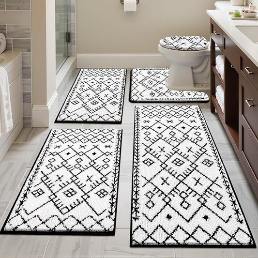 HEBE Bathroom Rug Sets 5 Piece, Soft Absorbent Bath Mats for Bathroom, Non Slip Machine Washable Bath Rugs Set with U Shaped Contour Toilet Rugs, Bath Runner and Toilet Lid Cover, White/Black