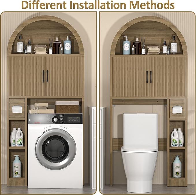 Over The Toilet Storage Cabinet, Bathroom Organizer Over Toilet, Arched Storage Organizer Cabinet with Anti-Tip Device and Adjustable Shelf for Washroom Laundry and Restroom, Natural