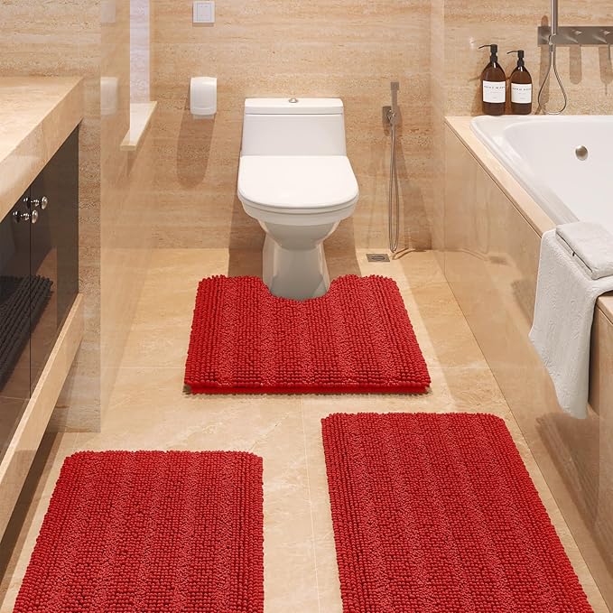 ACCUMTEK Christmas Striped Red Ultra Soft Bathroom Rugs and Mats Set 3 Pieces Bath Mat Set, Thick Chenille Bath Rugs Non Slip Bath Mats for Bathroom, Kitchen, Burgundy