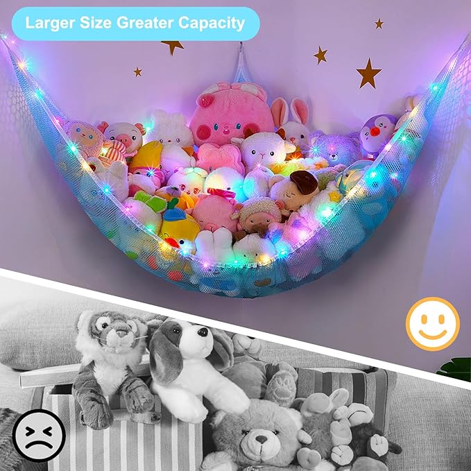 Unicorn Castle Stuffed Animals Net or Hammock Kids Toy Storage Organizer with LED Light Hanging Corner Stuffed Animals Holder Kids Girls Room Decor,Blue,XLarge (Pack of 1)