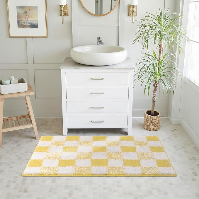 GRANNY SAYS Checkered Yellow Bathroom Rugs, 36" x 24", Non-Slip Bath Mats for Bathroom, Plush Shag Absorbent Microfiber Ultra Soft Bath Mat, Cute Washable Rug for Tub, Shower, Bedroom