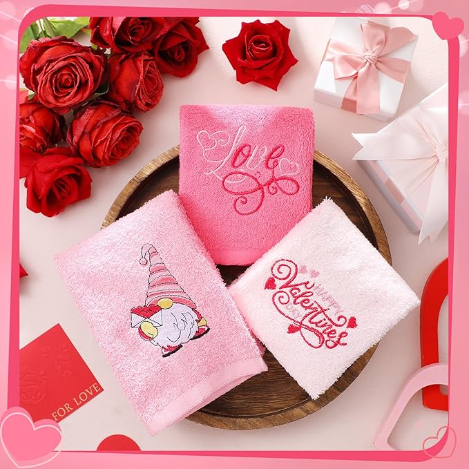 3 Pack Valentine's Day Hand Towels 13.4 x 29.2 Inch Cotton Embroidered Love Happy Valentines Day Gnome Bathroom Towel Absorbent Valentines Kitchen Decor for Hand Drying Cleaning Gift
