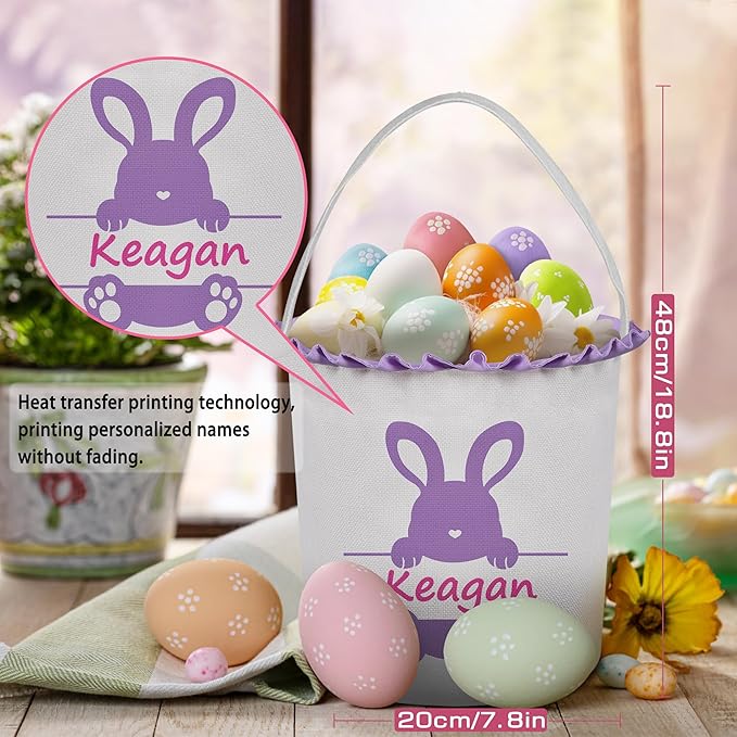 Easter Baskets for Girls Boys, Personalized Easter Basket with Name - Cute Purple Bunny