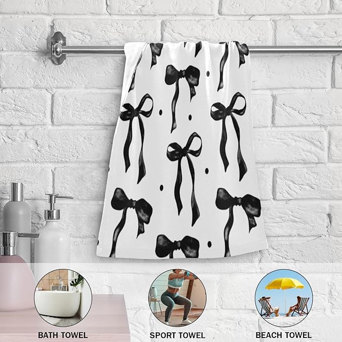 2 Pcs Black and White Bows Hand Towels for Bathroom,Soft Absorbent Cute Black Girly Bow Aesthetic Decorative Dish Towels for Kitchen,Quick Dry Guest Bathroom Towels for Face,Shower 14"x28"