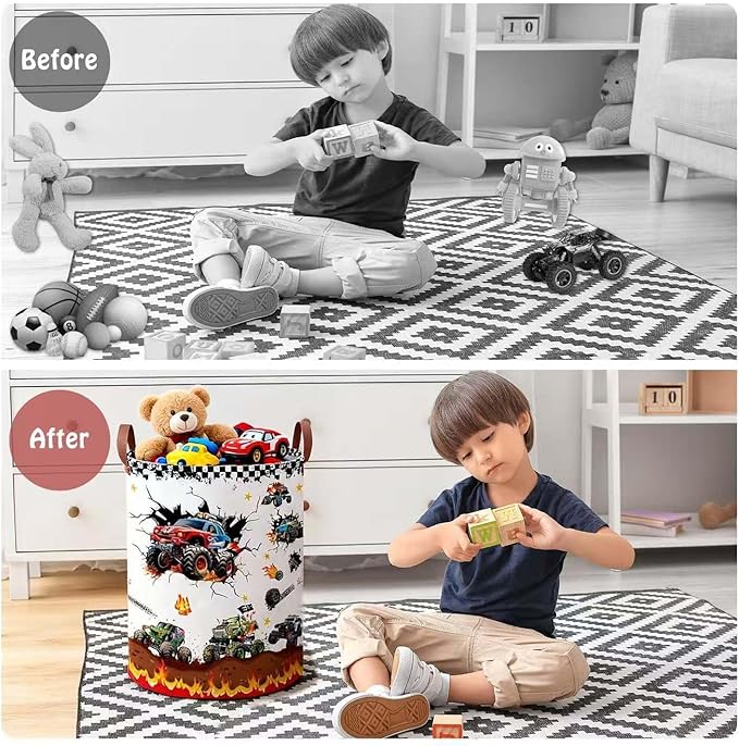 Monster Trucks Storage Basket Laundry Hamper,Collapsible Car Room Decor for Boys,Waterproof Monster Trucks Valentine's Day Gift Bag,45L Large Clothes Towel Toy Book Nursery Hamper(Round)