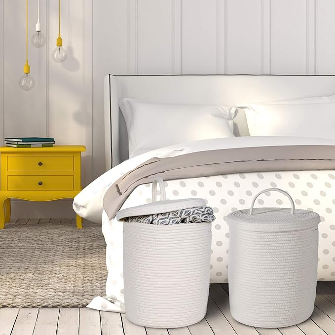 Cotton Rope Storage Basket with Lid | Large Woven Baskets and Handles 15" x 13" | for Nursery, Laundry, White Round Hamper, Home Living Room Floor, Toy Organizing bins, Blanket, Pillow and Big
