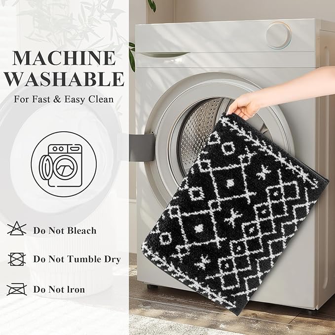 HEBE Bathroom Rugs Sets 5 Piece, Soft Absorbent Microfiber Bath Mat for Bathroom, Non Slip Washable Bath Rug Set with Toilet Cover, Bath Runner and U-Shaped Contour Toilet Rug, Black