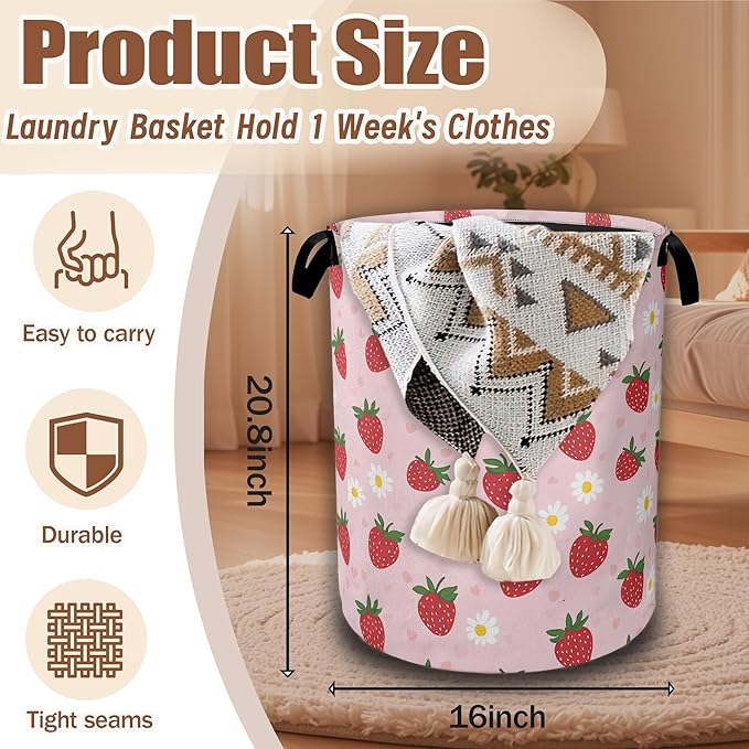 Laundry Hamper,Strawberry Groovy Floral Collapsible Laundry Baskets Waterproof Oxford Cloth With Handles,Clothes Storage Bucket Toy Organizer For Bathroom/Nursery/Bedroom 16" x 20.8"