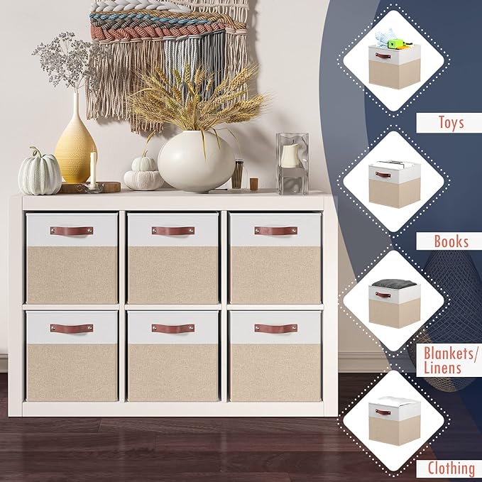 Ornavo Home 11 x 11 Storage Cube Bins, Foldable Collapsible Fabric Storage Bins Box Linen Shelf Basket Cube Organizer for Closet with Leather Handles, 6 Pack, White/Khaki