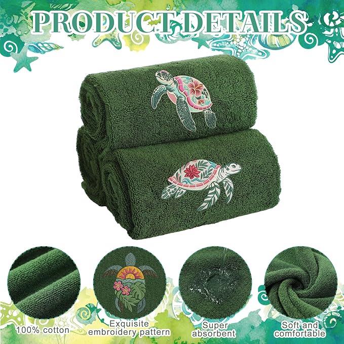 3 Pack Hibiscus Sea Turtle Beach Hand Towels for Bathroom 100% Cotton Embroidered Coastal Bathroom Towels 13.78 x 29.53'' Soft Absorbent Ocean Bath Towel Gift for Holiday Summer, Olive Green